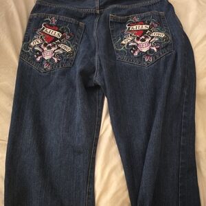 Dark Blue Embroidered Baggy Jeans